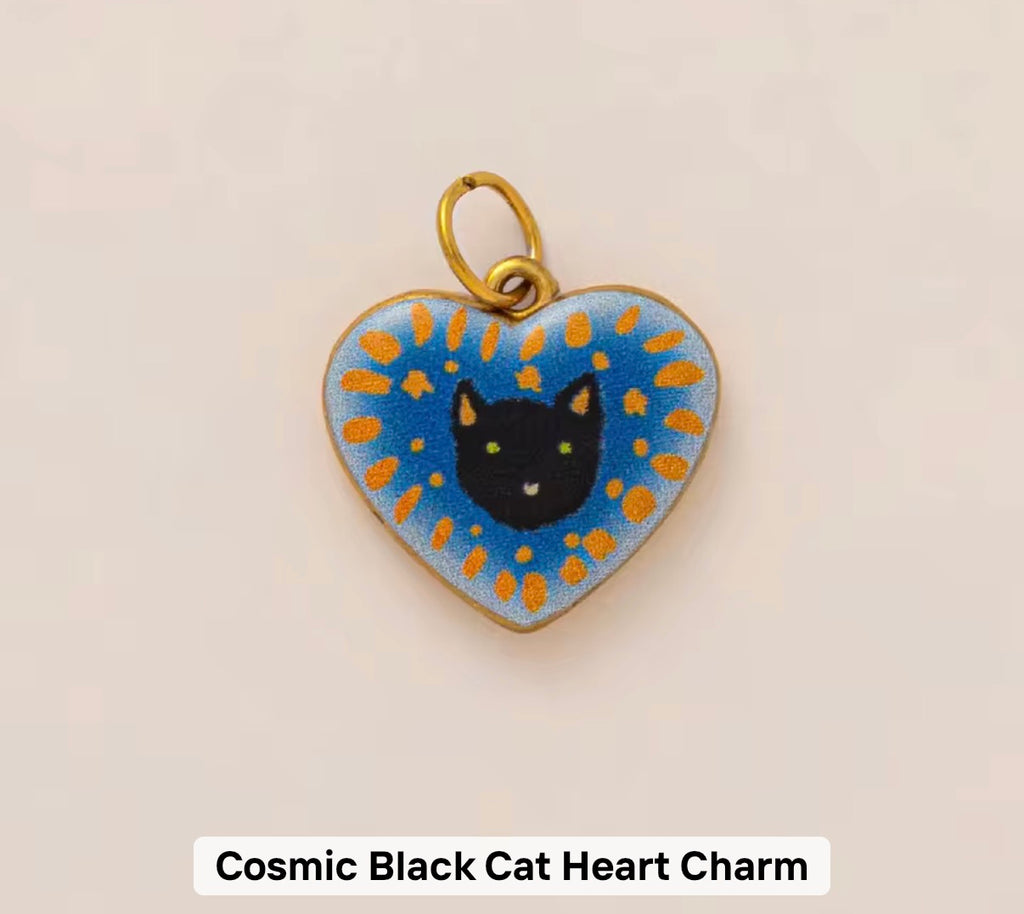 Cosmic Black Cat heart charm
