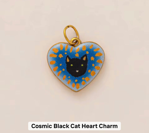 Cosmic Black Cat heart charm